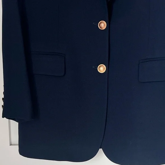 Lauren Ralph Lauren Navy Blue Preppy Academia Gold Logo Crest Wool Blazer sz 10 - Picture 5 of 12